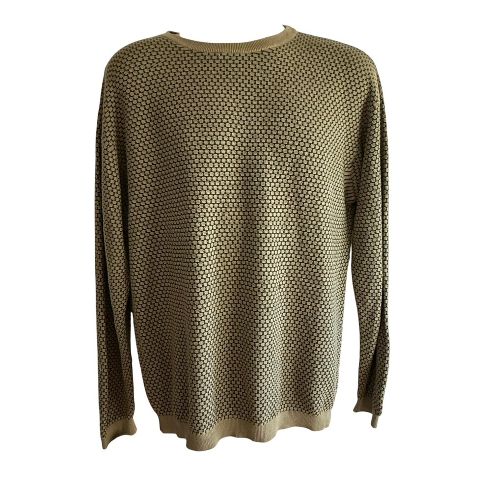 Barry Bricken‎ Mens XL 100% Silk Honeycomb Knit Sweater Tan Black Crew Neck